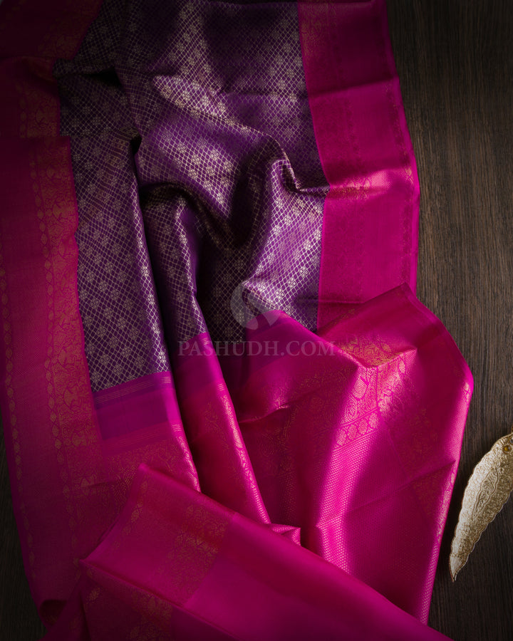 Indigo and Rose Pure Zari Kanjivaram Silk Saree - S732 - View 2