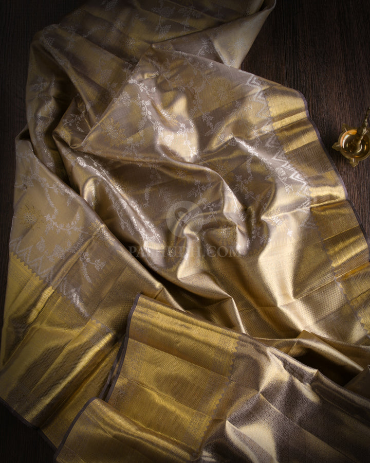 Grey Pure Zari Tissue Kanjivaram Silk Saree - S837 -View 2