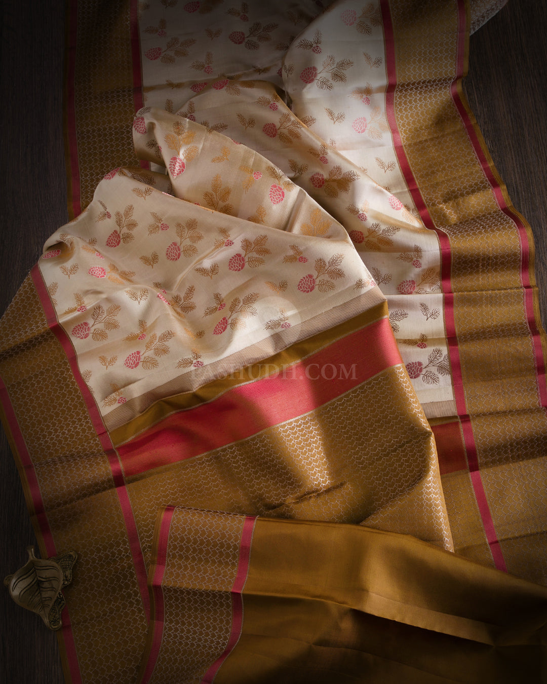 Cream & Dark Gold Kanjivaram Silk Saree - DJ205 - View 1