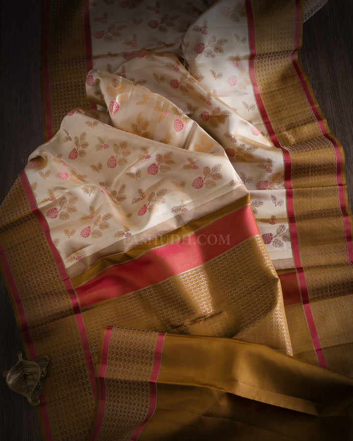 Cream & Dark Gold Kanjivaram Silk Saree - DJ205 - View 1