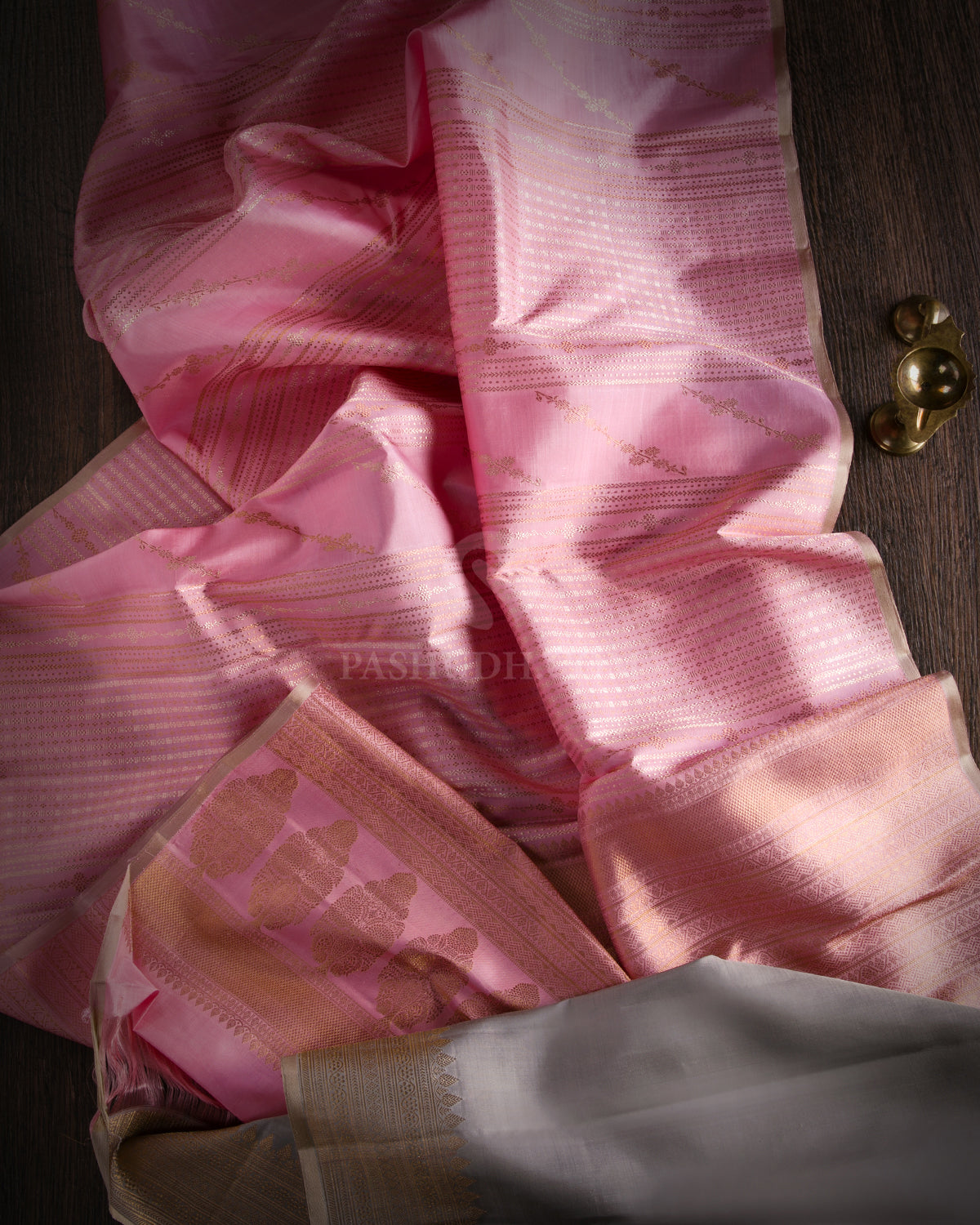 Baby Pink & Grey Kanjivaram Silk Borderless Saree  - S807 -View 2