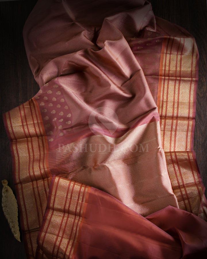 Chocolate & Peach Kanjivaram Silk Saree - DJ248 - View 1