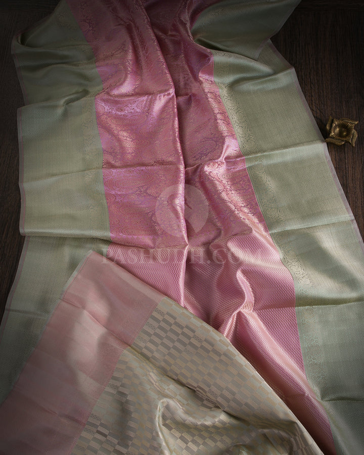 Pastel Pink and Sage Green Pashmina inspired Kanjviaram Silk Saree - D506(B)
