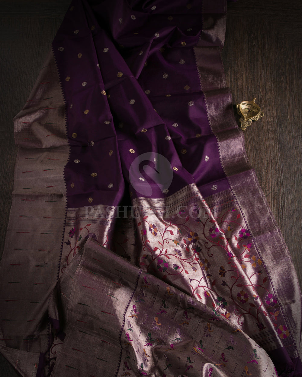 Deep Purple Pure Zari Kanjivaram Silk Saree with Paithani Border - P136(A) - View 1