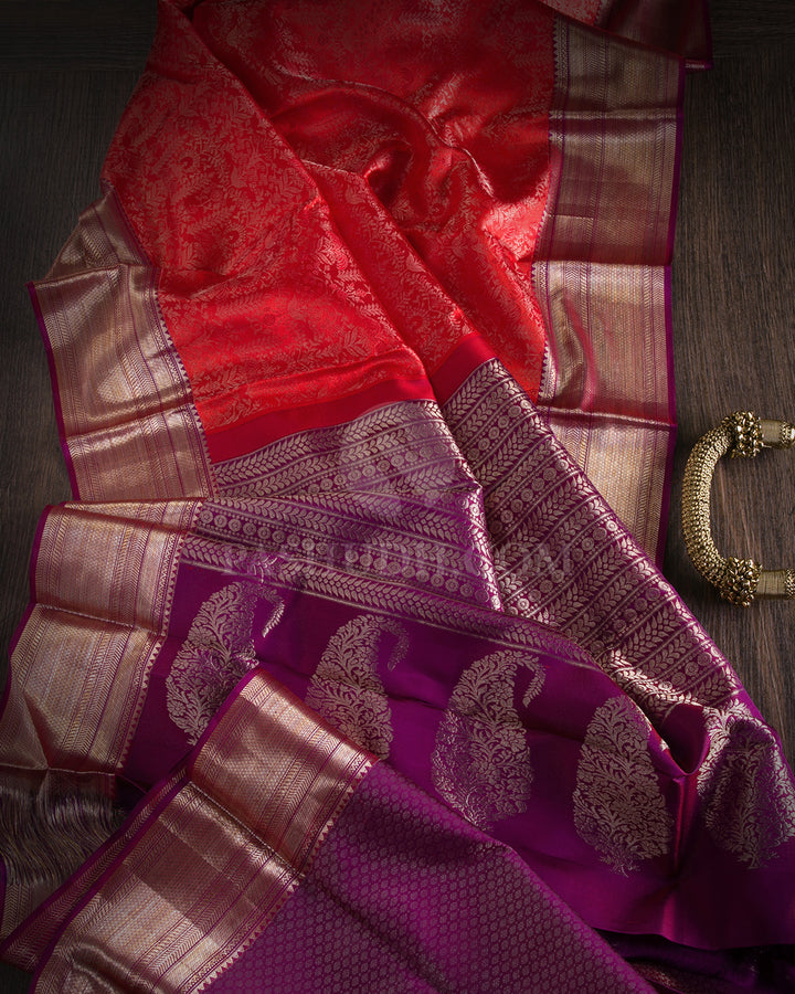 Sunset Orange & Dark Magenta Kanjivaram Silk Saree - D516(A)