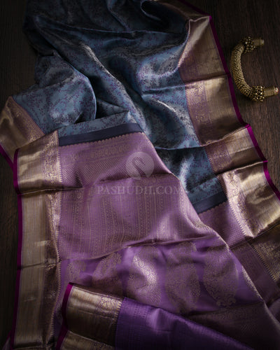 Blue-Grey and Violet Kanjivaram Silk Saree - D460 - View 1