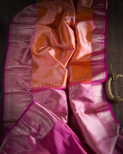 Coral Orange & Rouge Pink Kanjivaram Silk Saree - S1003 - View 1