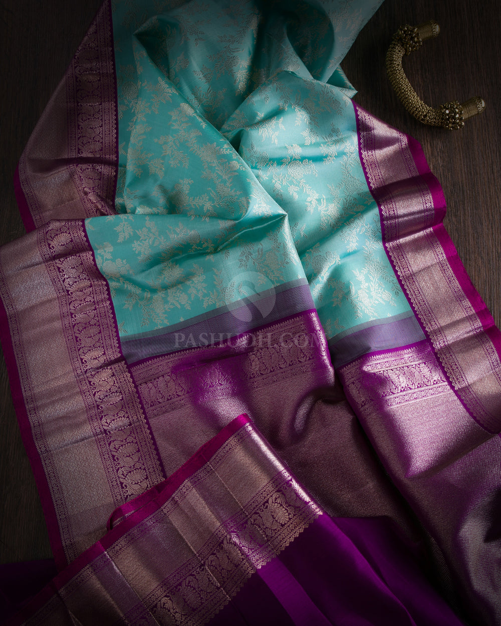 Aqua and Violet Pure Zari Kanjivaram Silk Saree - S748 - View 2