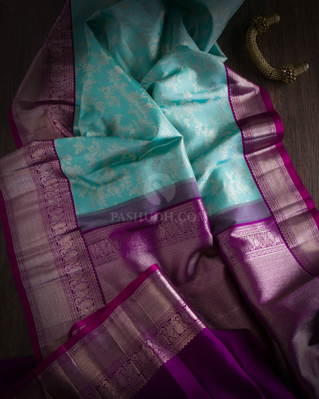 Aqua and Violet Pure Zari Kanjivaram Silk Saree - S748 - View 2