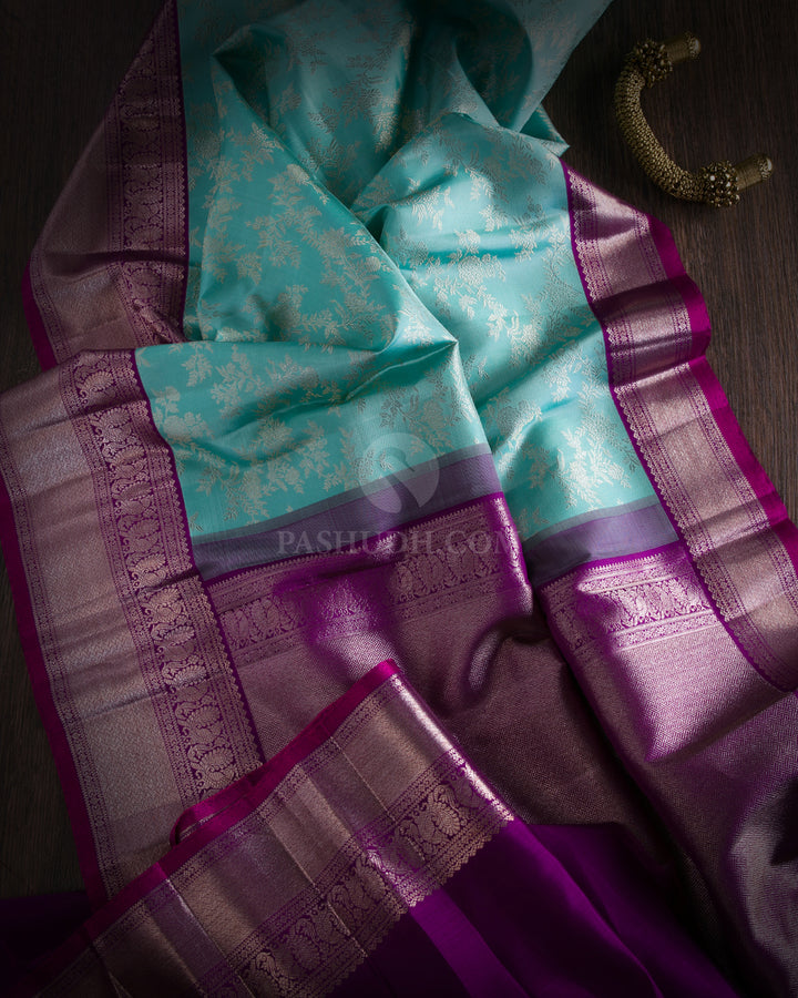 Aqua and Violet Pure Zari Kanjivaram Silk Saree - S748 - View 2