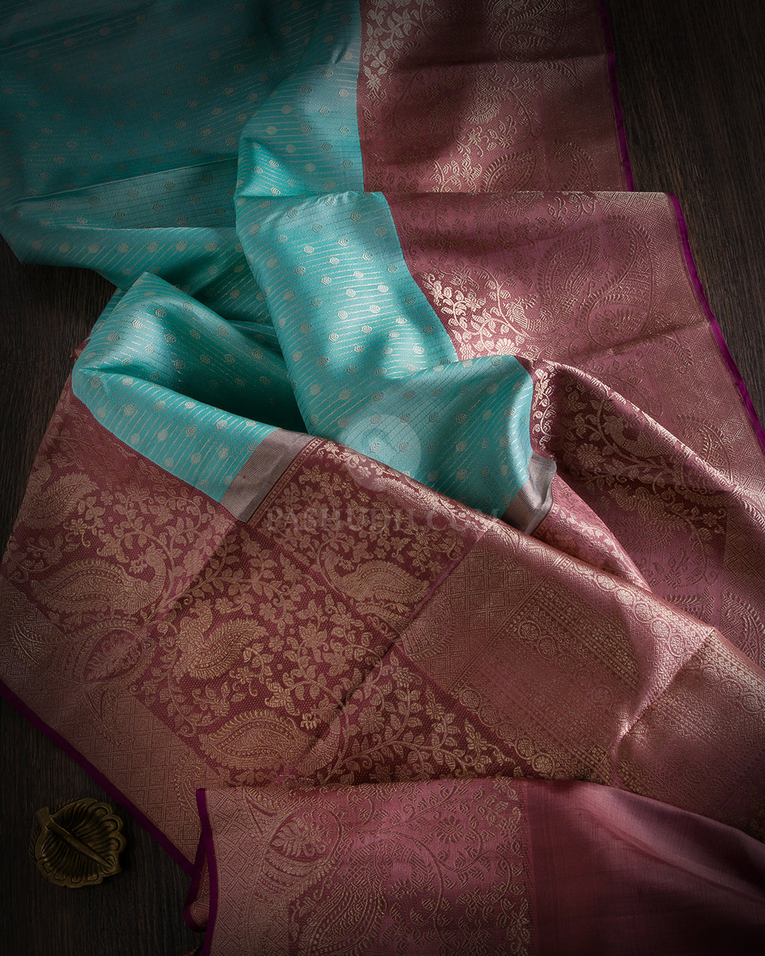 Sky Blue & Chocolate Kanjivaram Silk Saree - S763- View 2