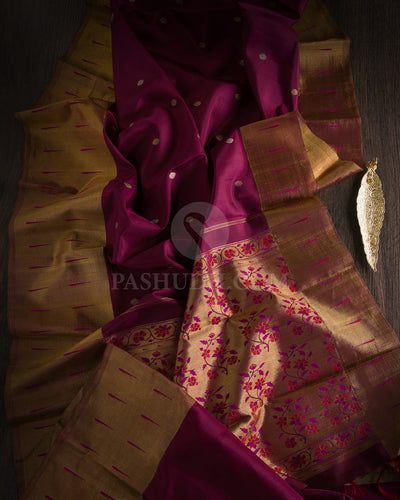 Betel Nut (Maroon) Pure Zari Kanjivaram Silk Saree with Paithani pallu- P131 - View 1