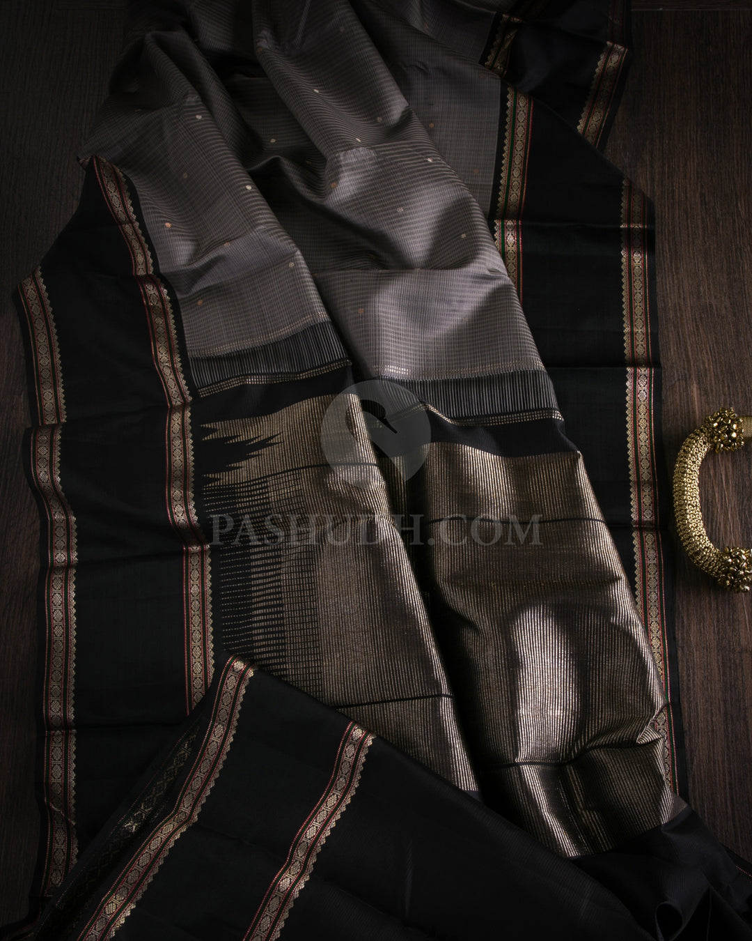 Grey & Black Kanjivaram Silk Saree - S1055(A) - View 1