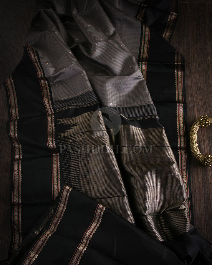Grey & Black Kanjivaram Silk Saree - S1055(A) - View 1