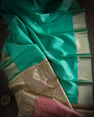 Turquoise Green and Pink Pichwai Inspired Kanjivaram Silk Saree -  DJ200 -View1
