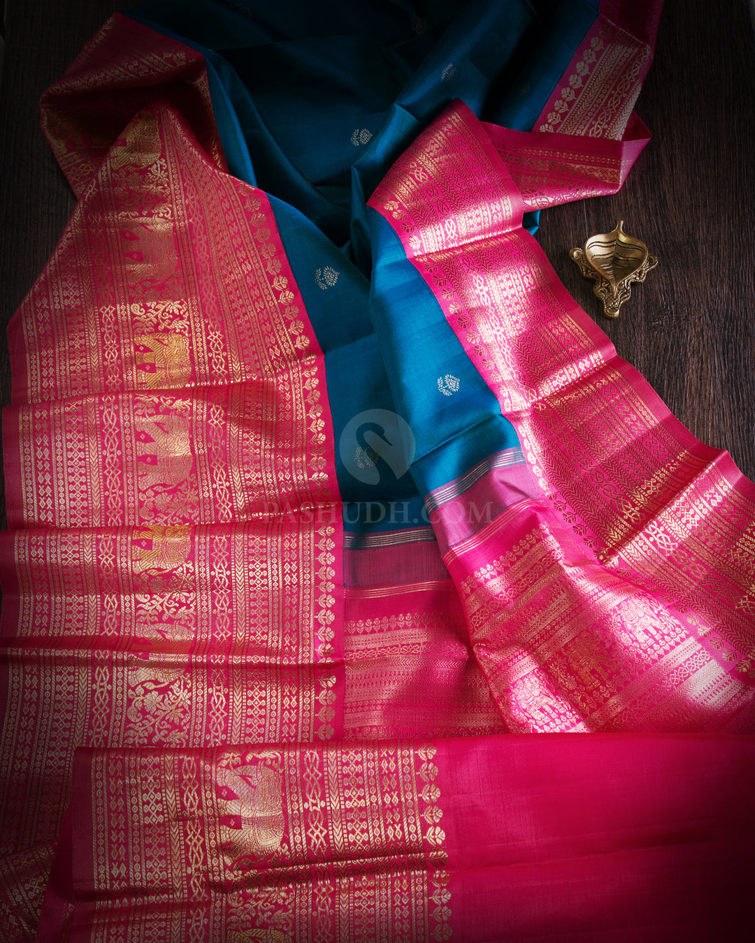 Peacock Blue & Fuchsia Pink Kanjivaram Silk Saree - S858 - View 2