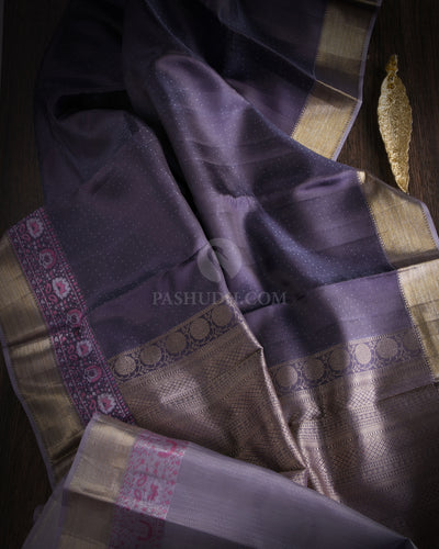 Dark Indigo and Lavender Kanjivaram Silk Saree - DT193 -View 1