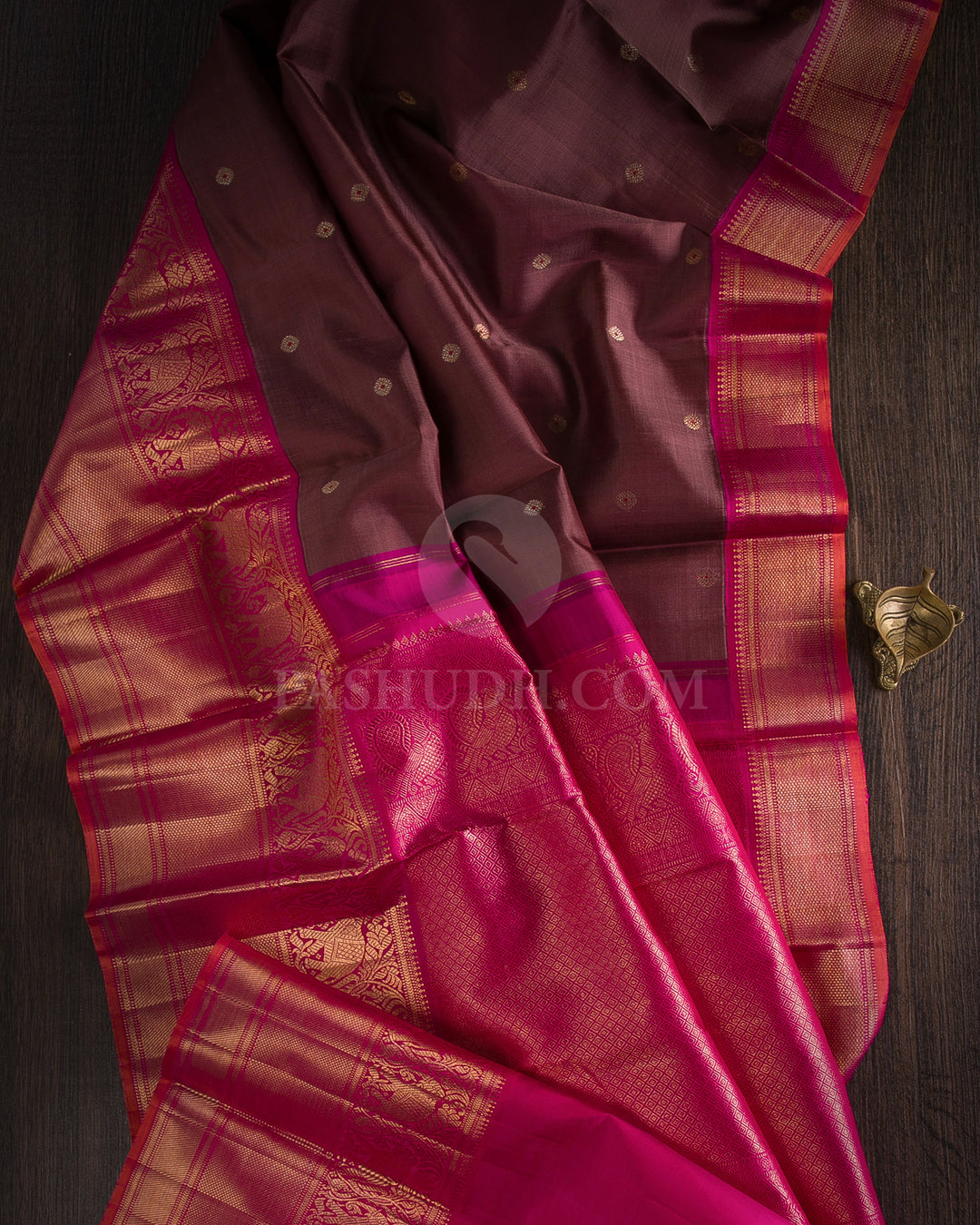 Mild Chocolate Brown & Rani Pink Kanjivaram Silk Saree - S1123(A) - View 1