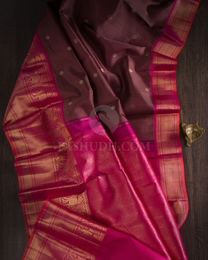 Mild Chocolate Brown & Rani Pink Kanjivaram Silk Saree - S1123(A) - View 1