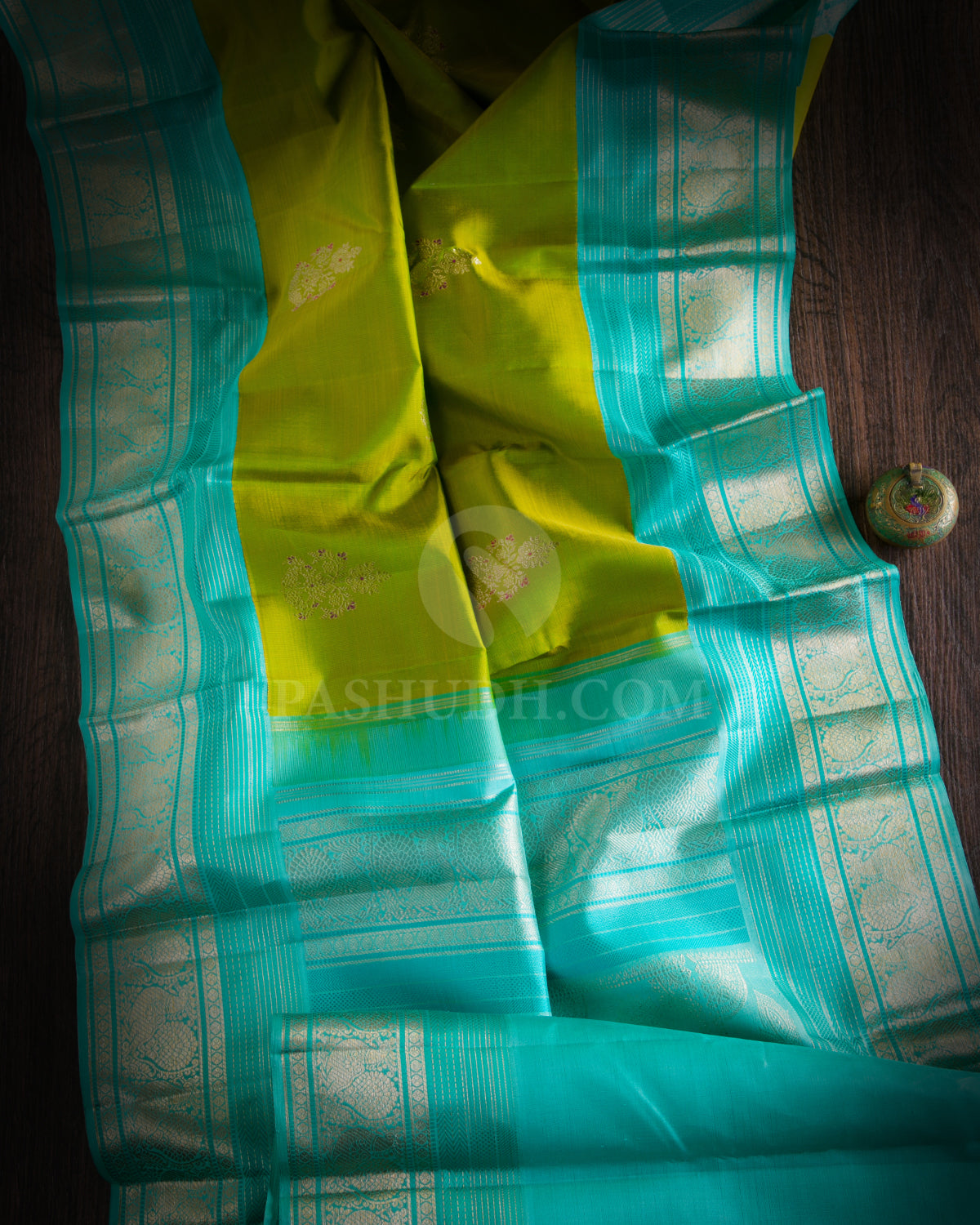 Parrot Green & Aqua Kanjivaram Silk Saree - S904 - View 1