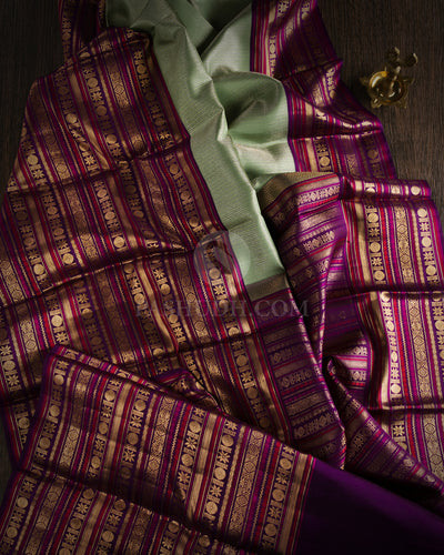 Pista Green and Violet Pure Zari Kanjivaram Silk Saree - S711 - View 4