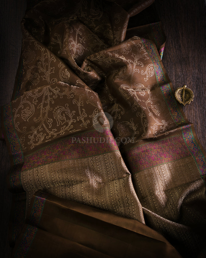Brown Kanjivaram Silk Saree with Thread work -DJ245