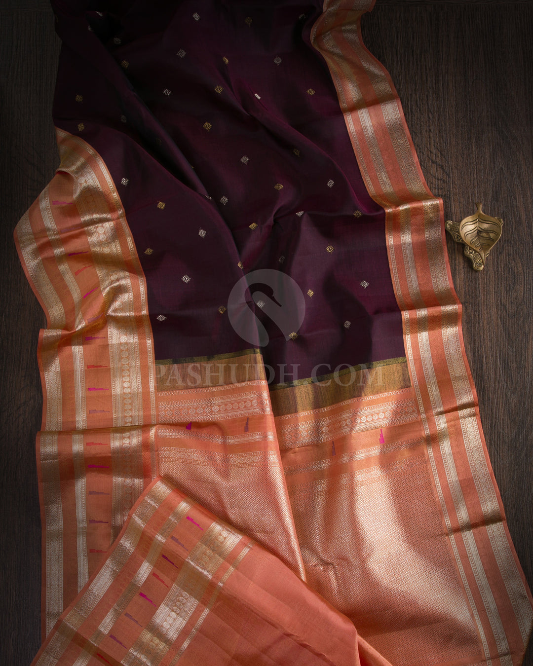 Wine And Pale Orange Pure Zari Paithani Kanjivaram Silk Saree - P141(B) - View 1