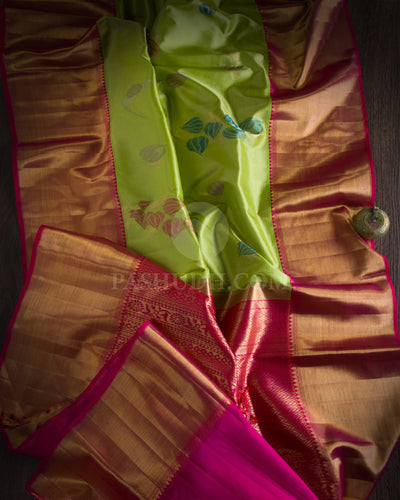 Light Green & Rani Pink Pure Zari Kanjivaram Silk Saree - P130 - View 1