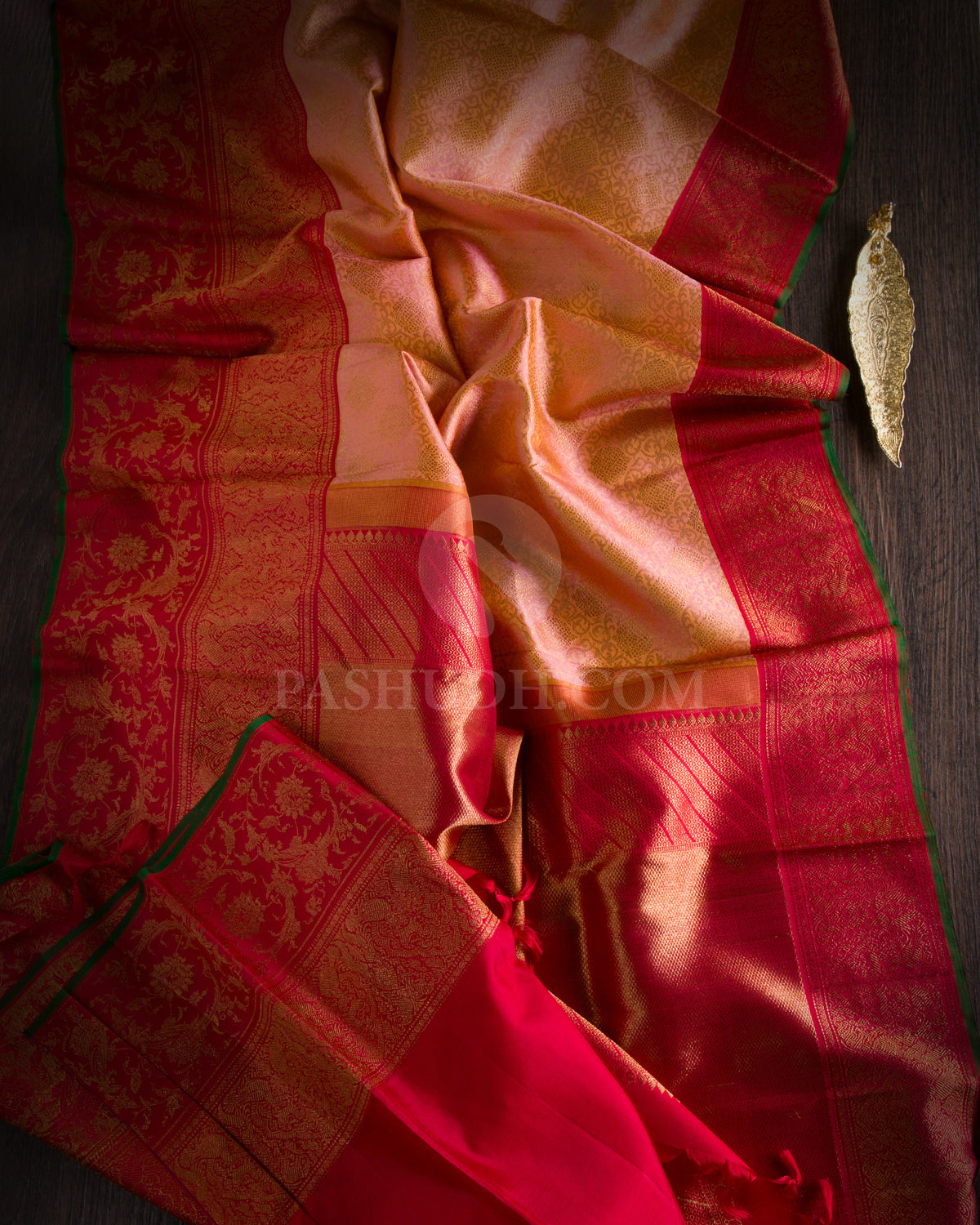 Peach Pink & Red Kanjivaram Silk Saree - S995 - View 1