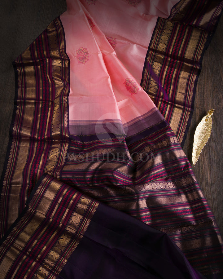 Peachy Pink & Aubergine Kanjivaram Silk Saree - S1067(A) - View 1