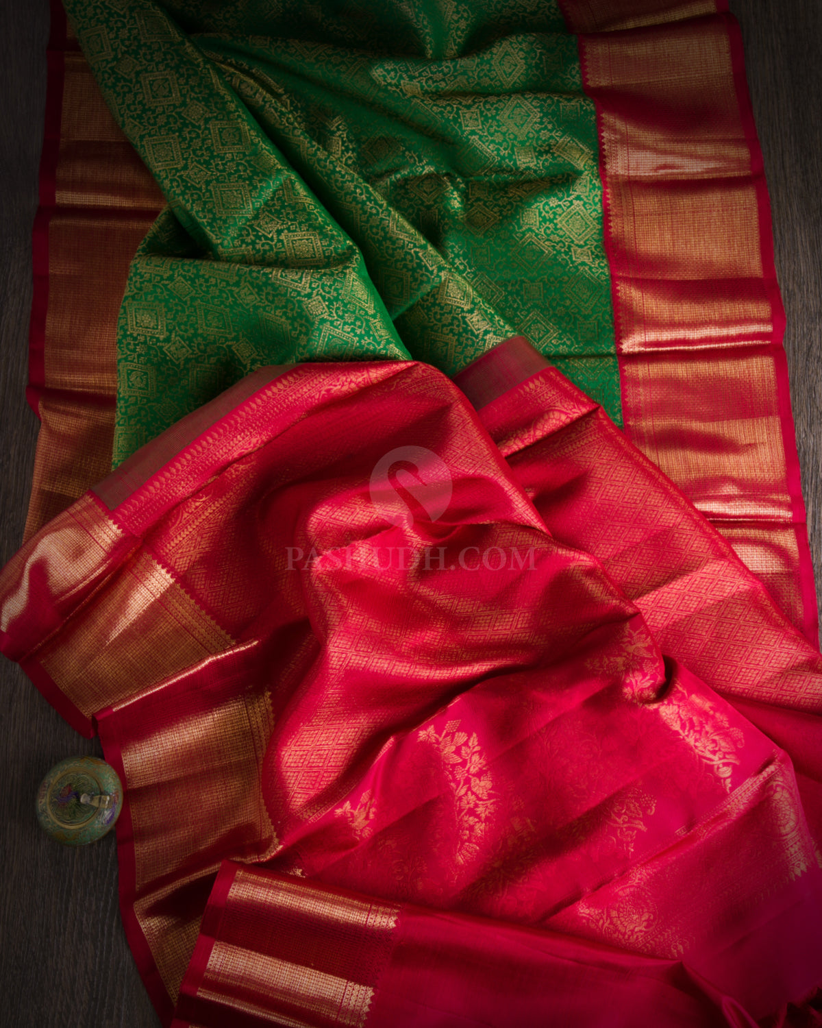 Dark Green and Red Kanjivaram Silk Saree - S753- View 2