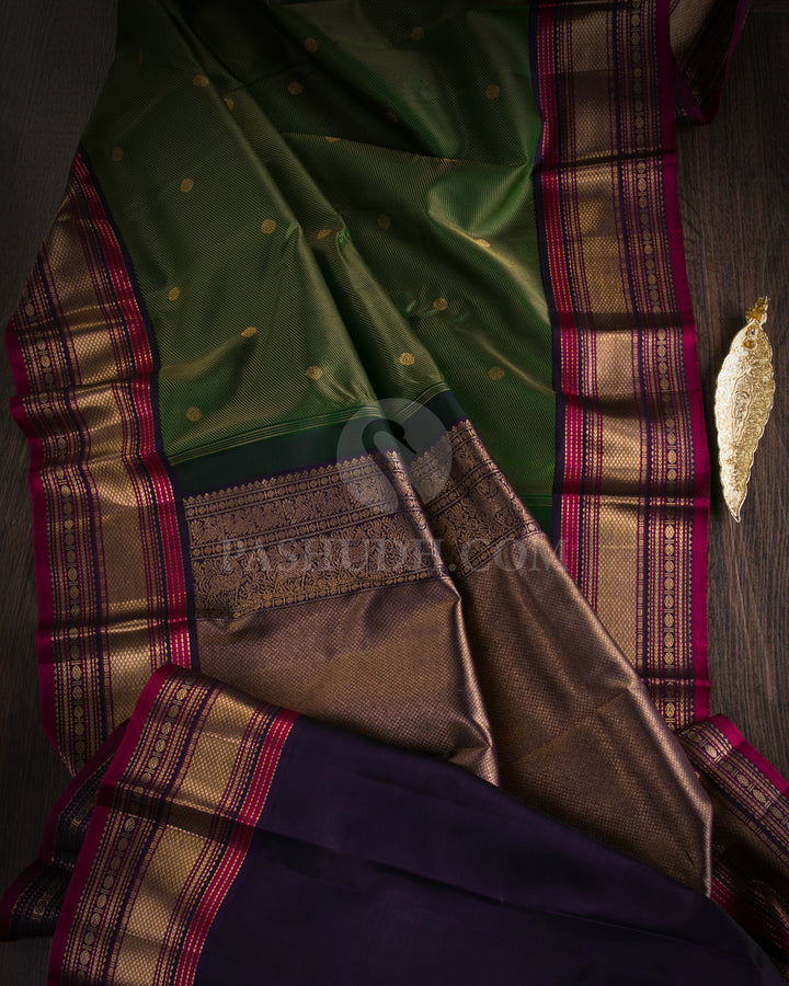 Dark Green & Purple Kanjivaram Silk Saree - S1094(A) - View 1