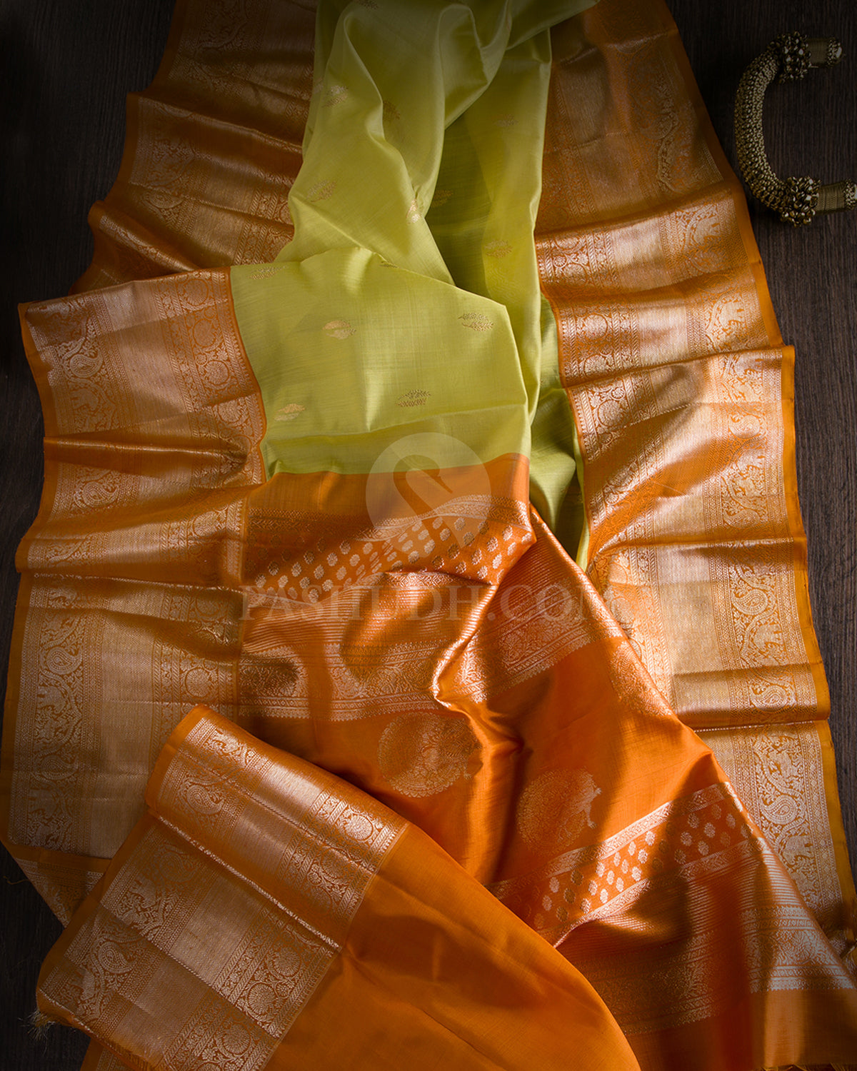 Lime Yellow & Orange Kanjivaram Silk Saree - S1006 - View 1