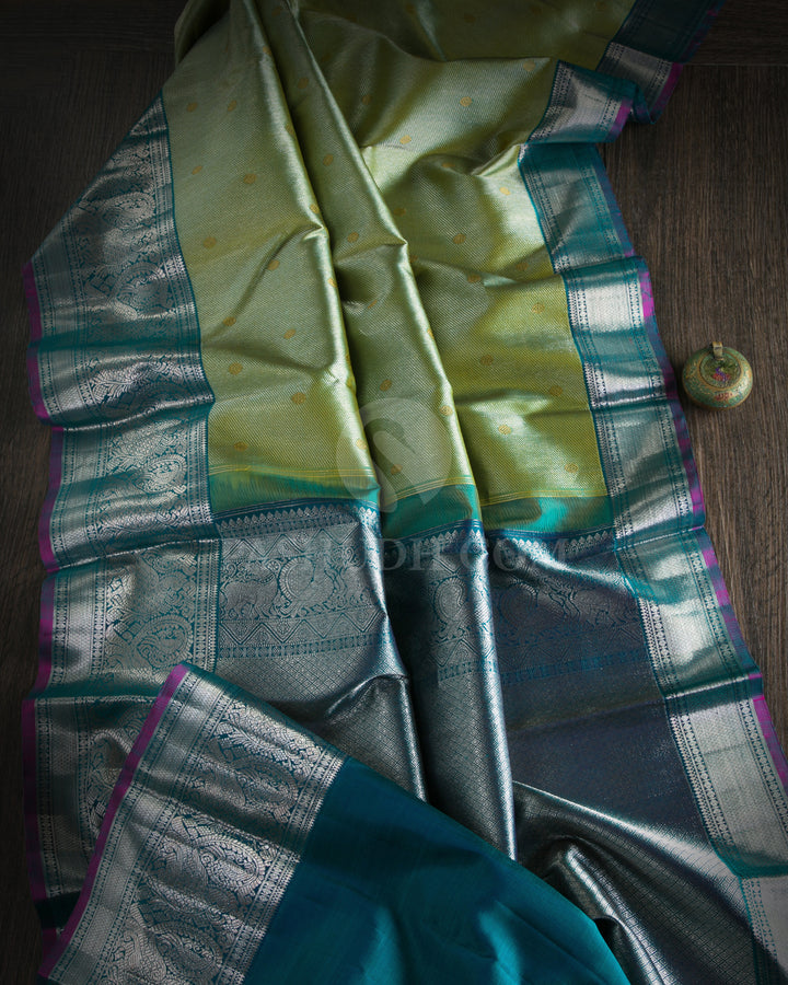 Light Green & Teal Blue Kanjivaram Silk Saree - S1032(B) - View 1