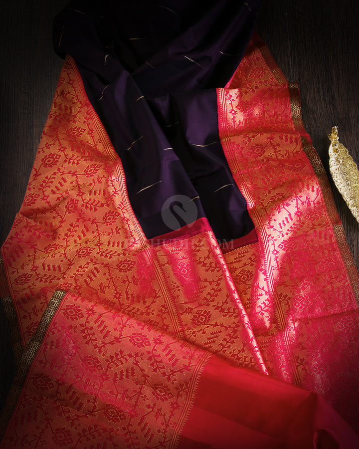 Deep Purple & Red Paithani Inspired Kanjivaram Silk Saree - S878 - View 2