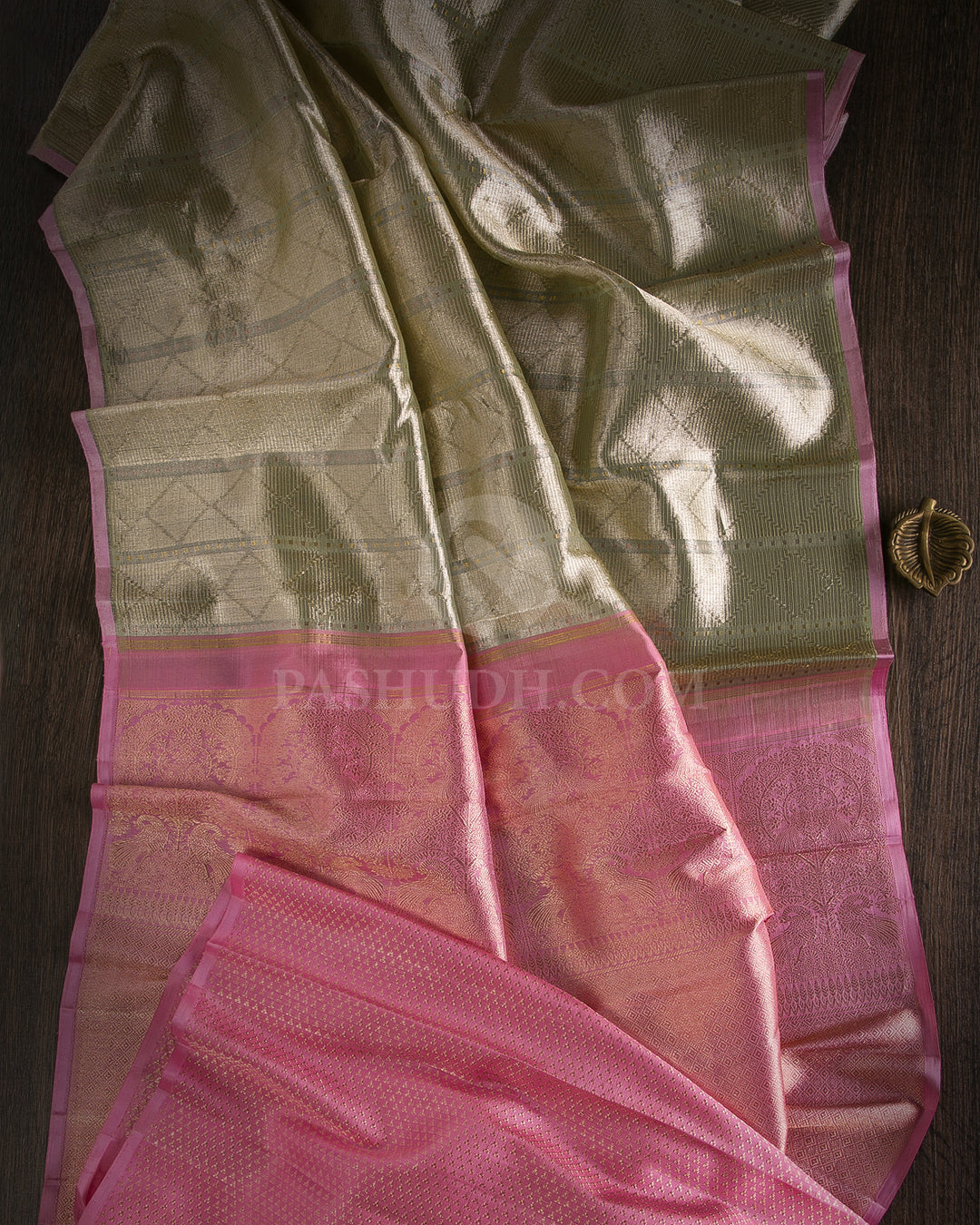 Mild Gold & Pink Organza Kanjivaram Silk Saree - S1124(A) - View 1