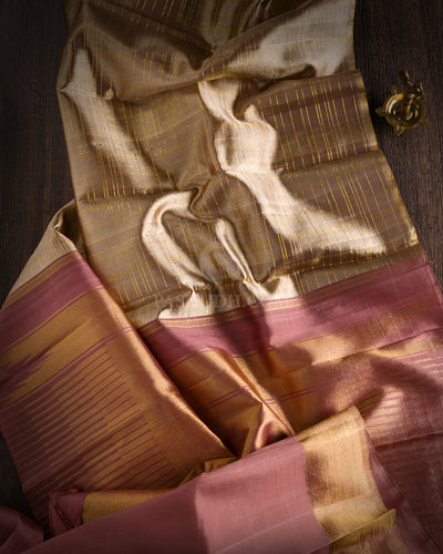 Gold & Brown Shimmer Organza Kanjivaram Silk Borderless Saree - S810- View 2