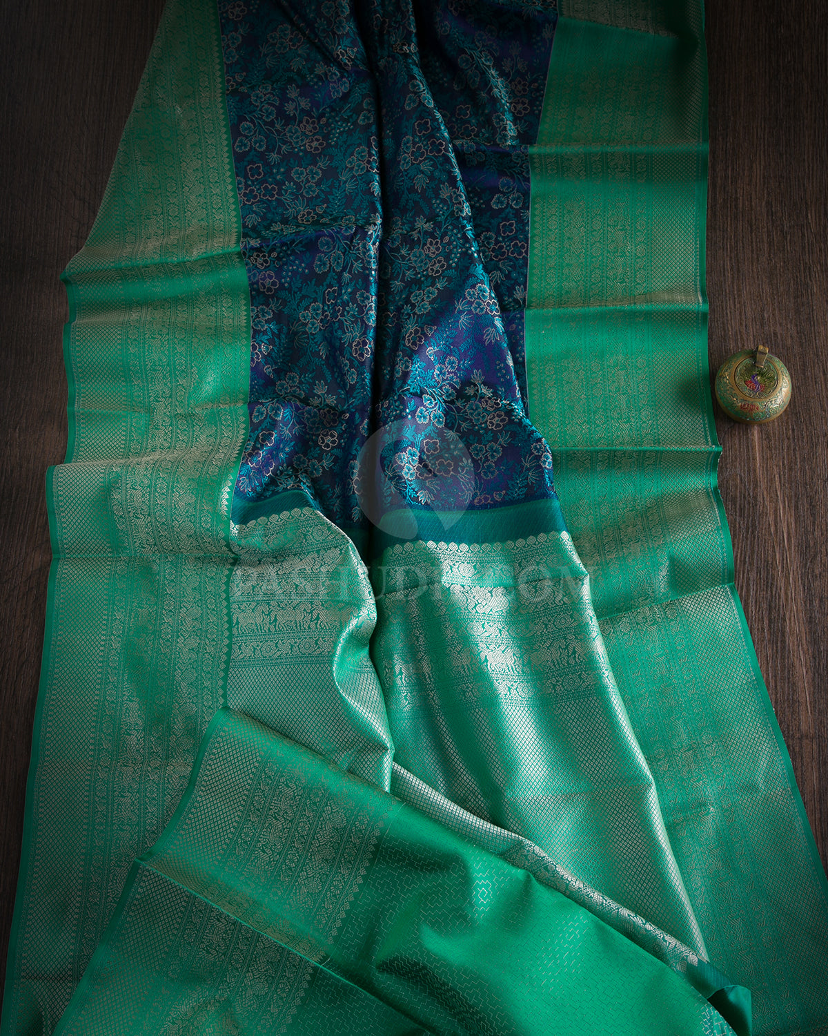 Indigo Blue & emerald Green No Zari Kanjivaram Silk Saree - D506(A)