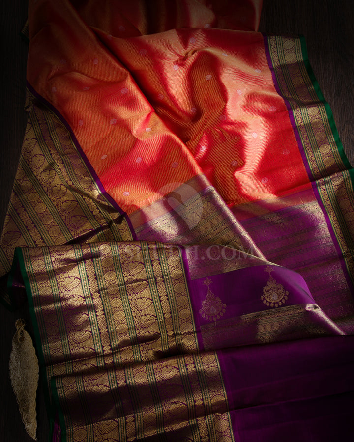 Red & Violet Pure Zari Kanjivaram Silk Saree - P122 - View 2