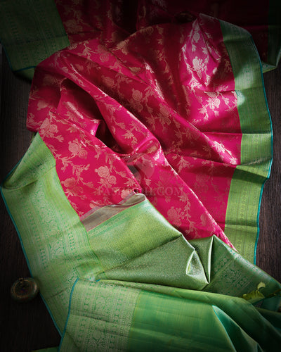 Bright Pink & Pear Green Kanjivaram Silk Saree - S867 - View 2