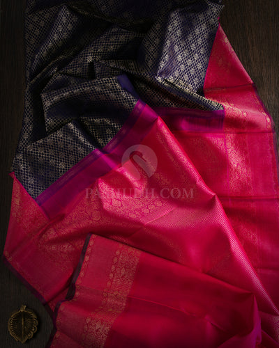 Navy Blue and Rani Pink Kanjivaram Silk Saree - S710- View 2