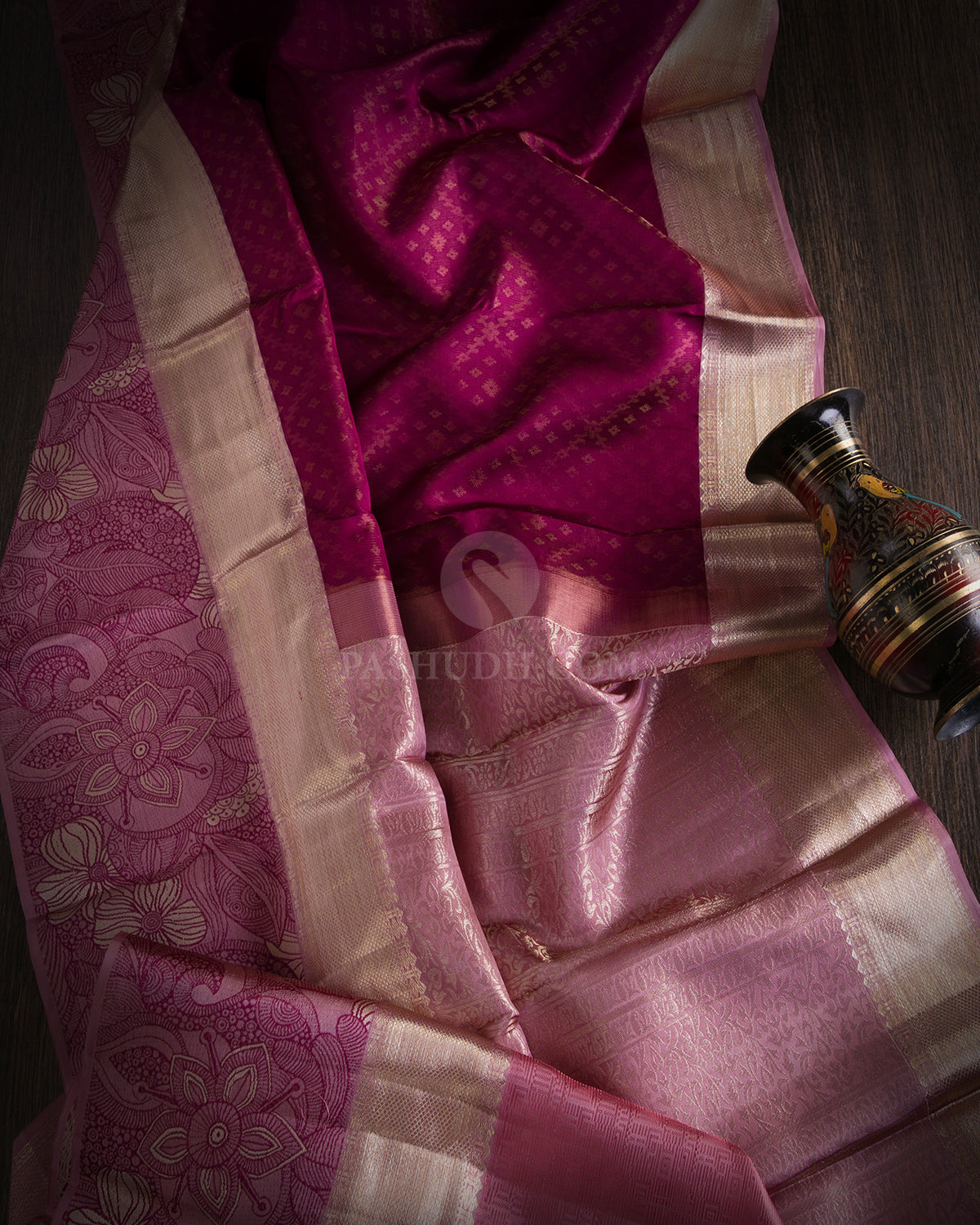 Paaku/ Betel Nut & Light Pink Kanjivaram Silk Saree - D434 -View 1