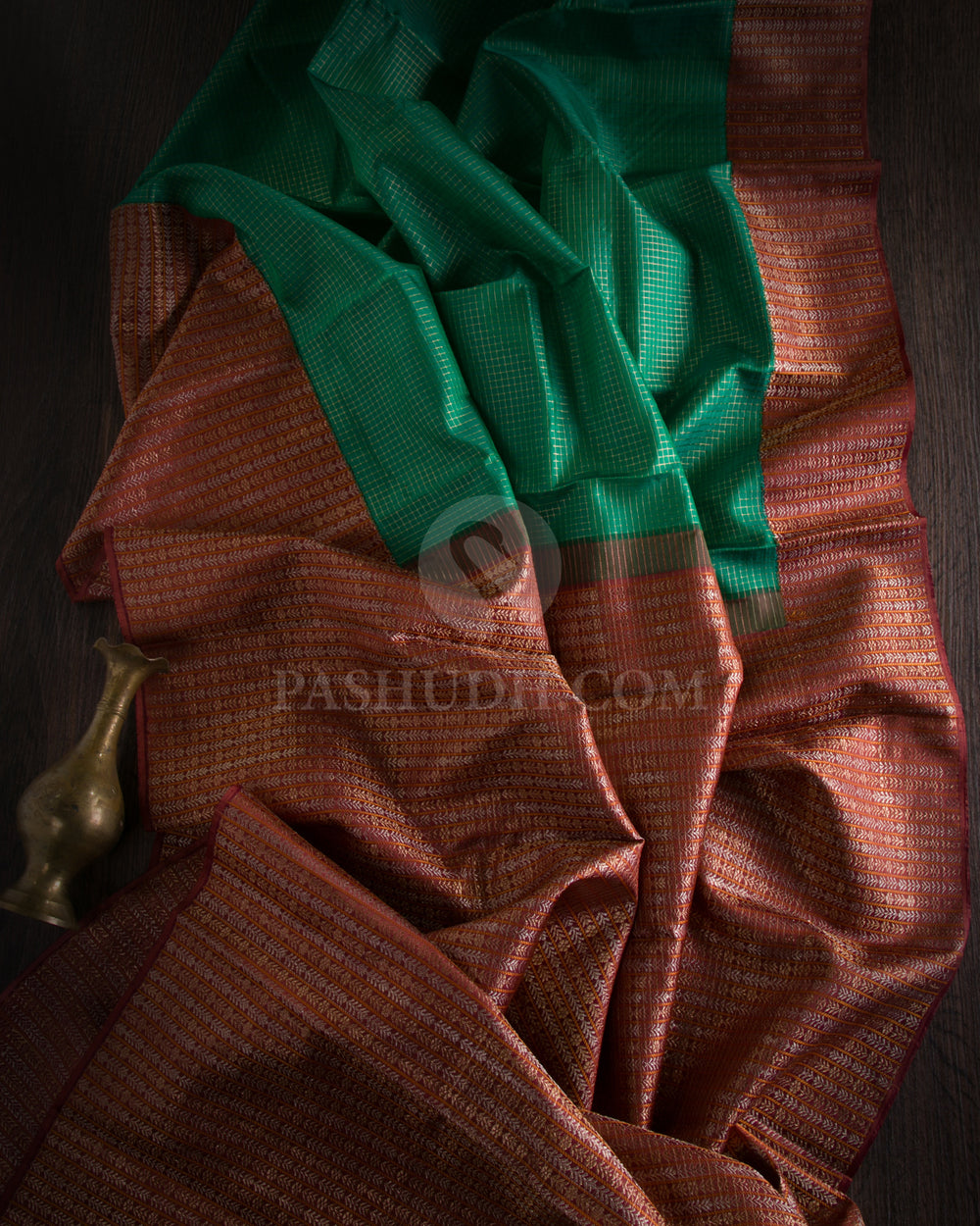 Emerald Green & Chestnut Brown Kanjivaram Silk Saree - S974 - View 1