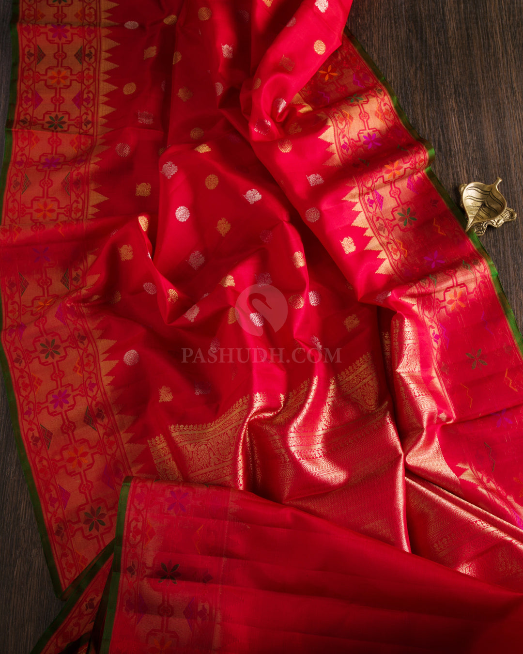 Dark Red and Green Pure Zari Kanjivaram Silk Saree - P114 - View 2