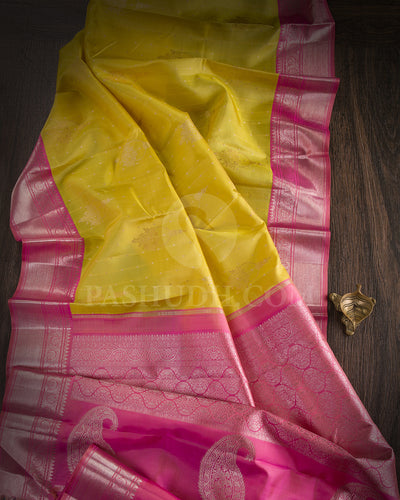 Lime Yellow And Pink Kanjivaram Silk Saree - S1173(A) - View 1
