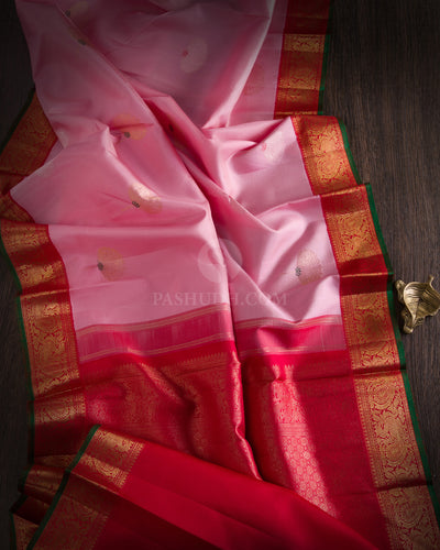 Pale Pink & Red Pure Zari Kanjivaram Silk Saree - S754 - View 2