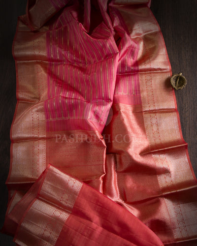 Pink & Coral Orange Kanjivaram Silk Saree - S976 - View 1