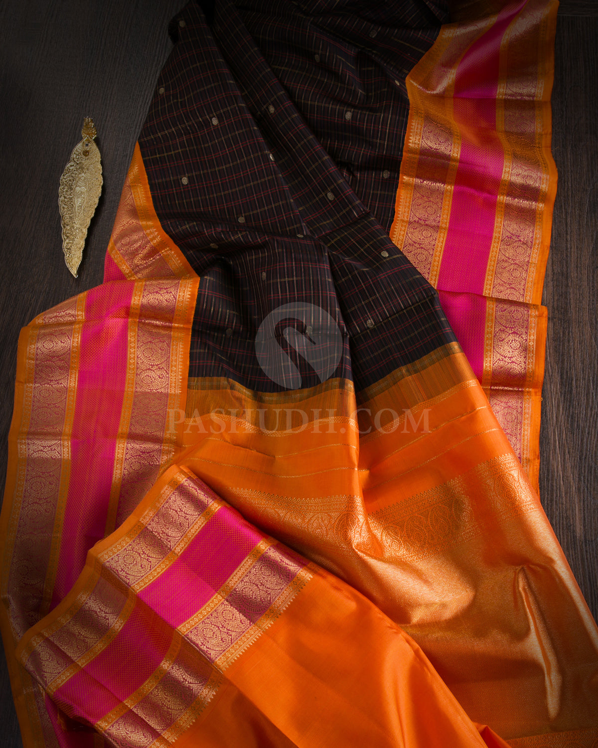 Black, Orange & Pink Kanjivaram Silk Saree - S1090(A) - View 1