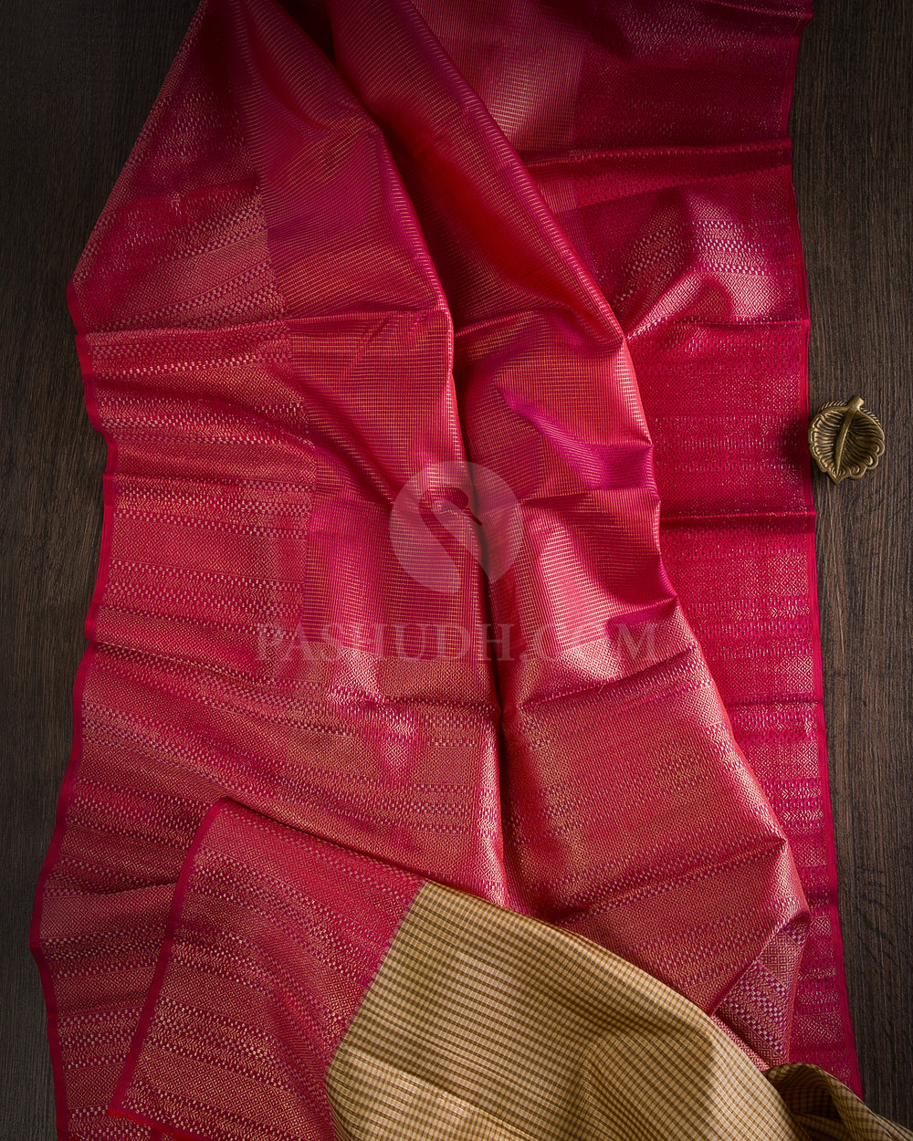 Red Shot Pink & Khaki Kanjivaram Silk Saree - S1091(B) - View 1