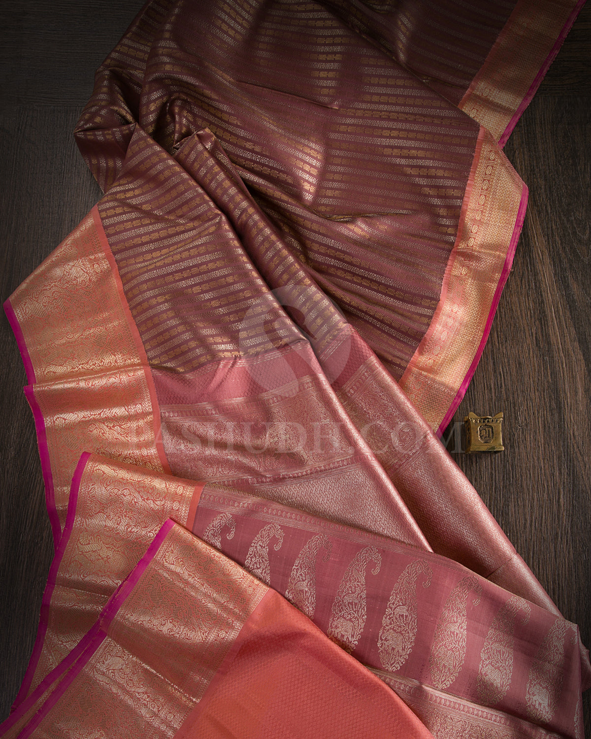 Mild Chocolate Brown And Peach Kanjivaram Silk Saree - S1179(A) - View 1